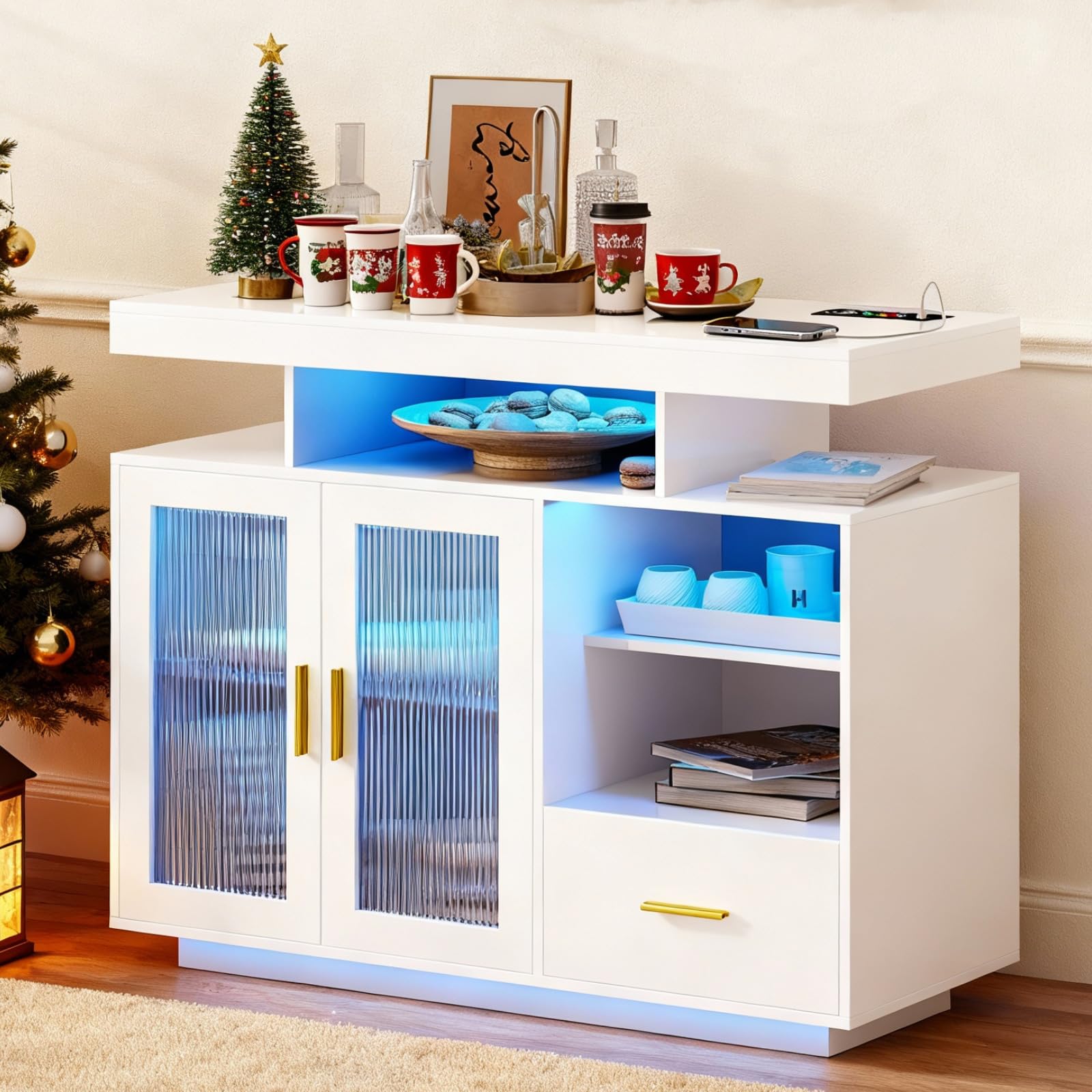 MDGC 40" Wood LED Coffee Bar with Wireless Charging Station, Kitchen Storage Cabinet Coffee Bar Cabinet with 2 Doors and Shelves, RGB Modern Sideboard