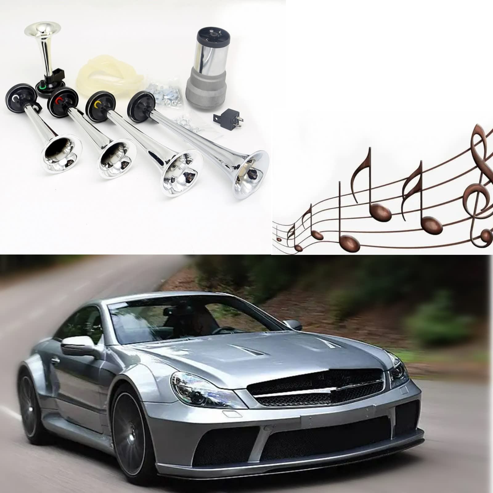 Tromba d'aria Dixie Air Horn 160db Corno da musica Tromba a cinque tubi argento elettrica impermeabile con pompa ad aria Tromba per camion tromba d'aria per auto per 12V Camion Nave Barca ecc