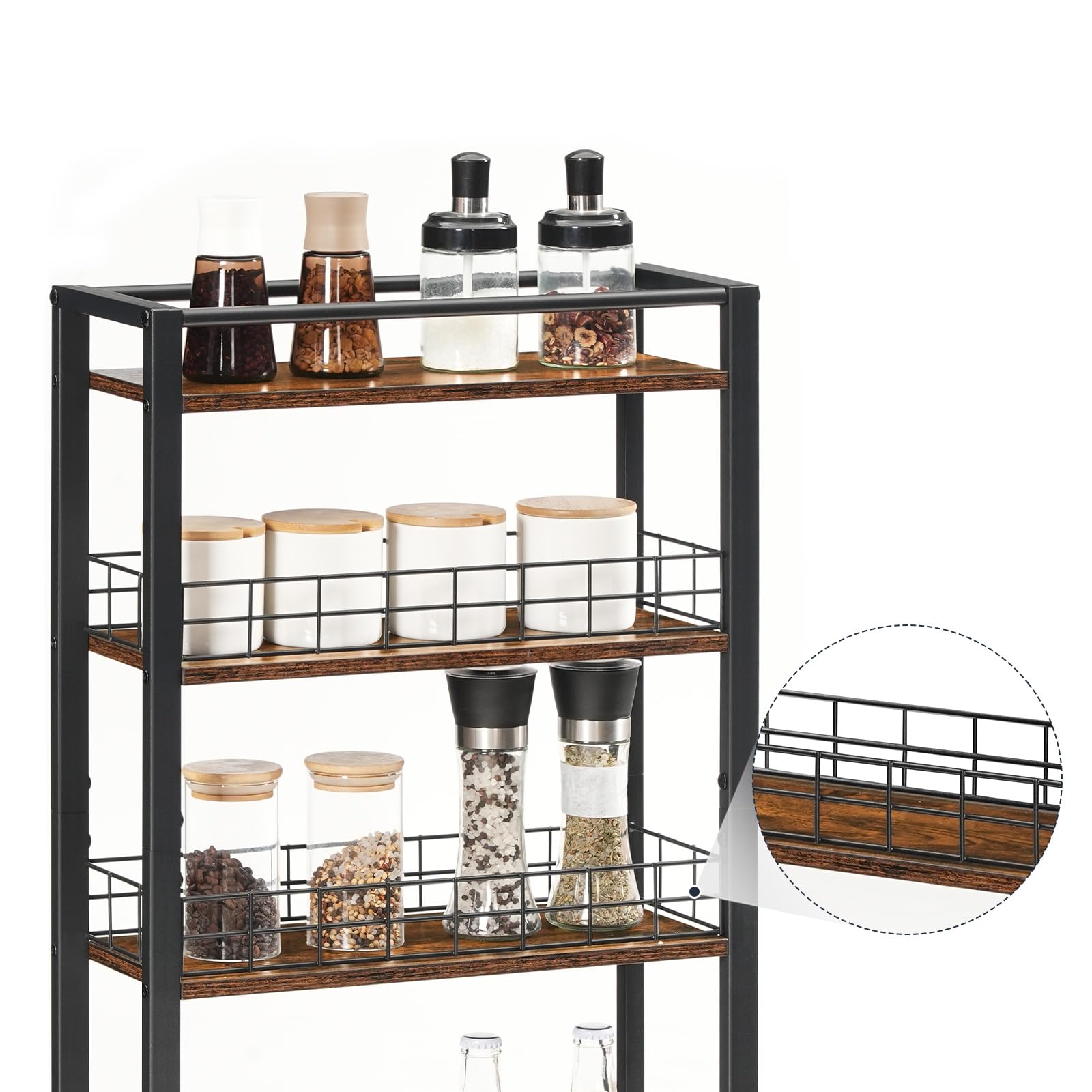 HOOBRO Carrello da Cucina a 4 Ripiani, Carrello di Servizio Stretto e Multifunzione, con Ruote e Cestelli in Rete, per Cucina, Bagno, Sala da Pranzo, Lavanderia, Marrone Vintage e Nero EBF17TC01