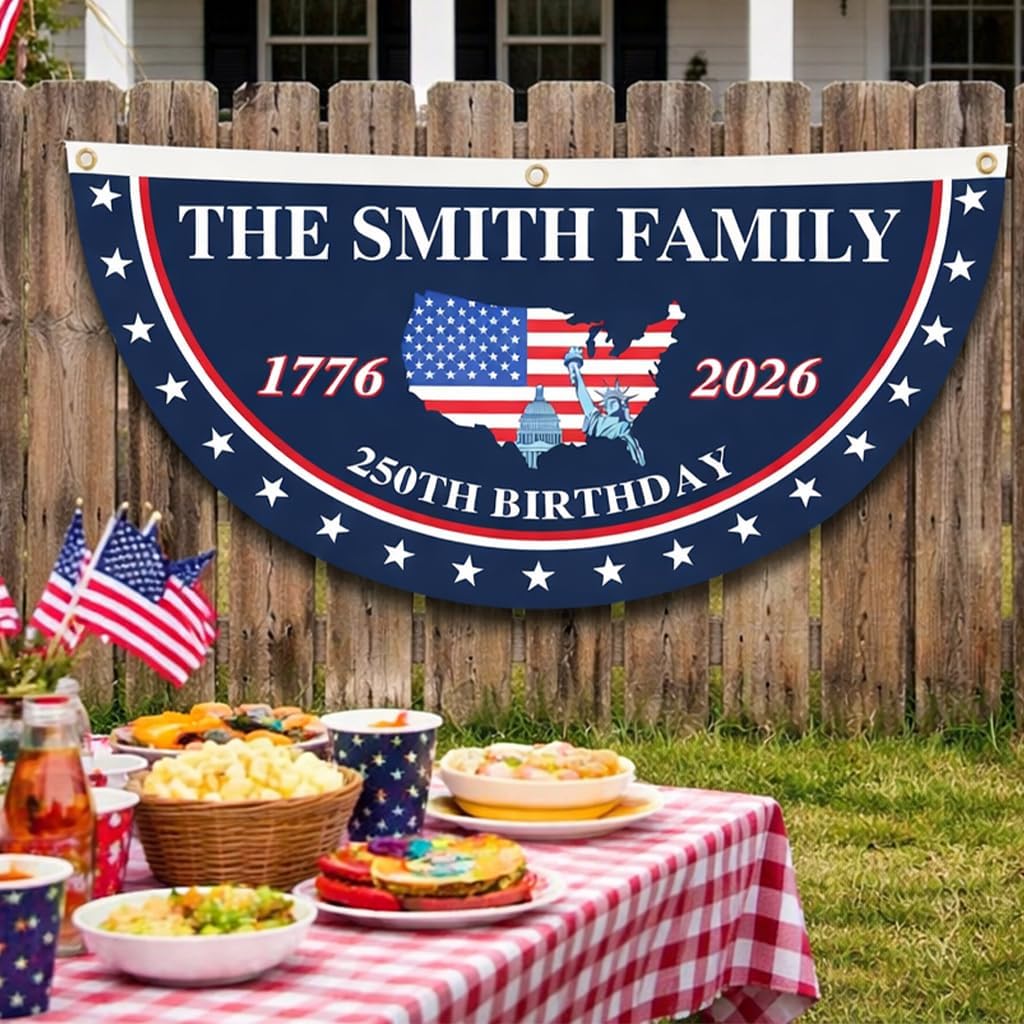Personalized USA 250th Anniversary Bunting Flag with Family Name, Custom USA 250th Birthday Bunting Flag, America 1776 2026 Patriotic Eagle Design Banner, 4th of July Decor Style 07