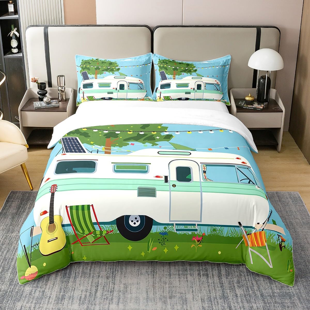 Erosebridal 100% Natural Cotton Rv Camper Duvet Cover,Happy Camping Comforter Cover Twin,Woodland Travel Bed Set,Rustic Farmhouse Bedding Set Bedroom Decor for Kids Boys Girls,Green 1 Pillowcase