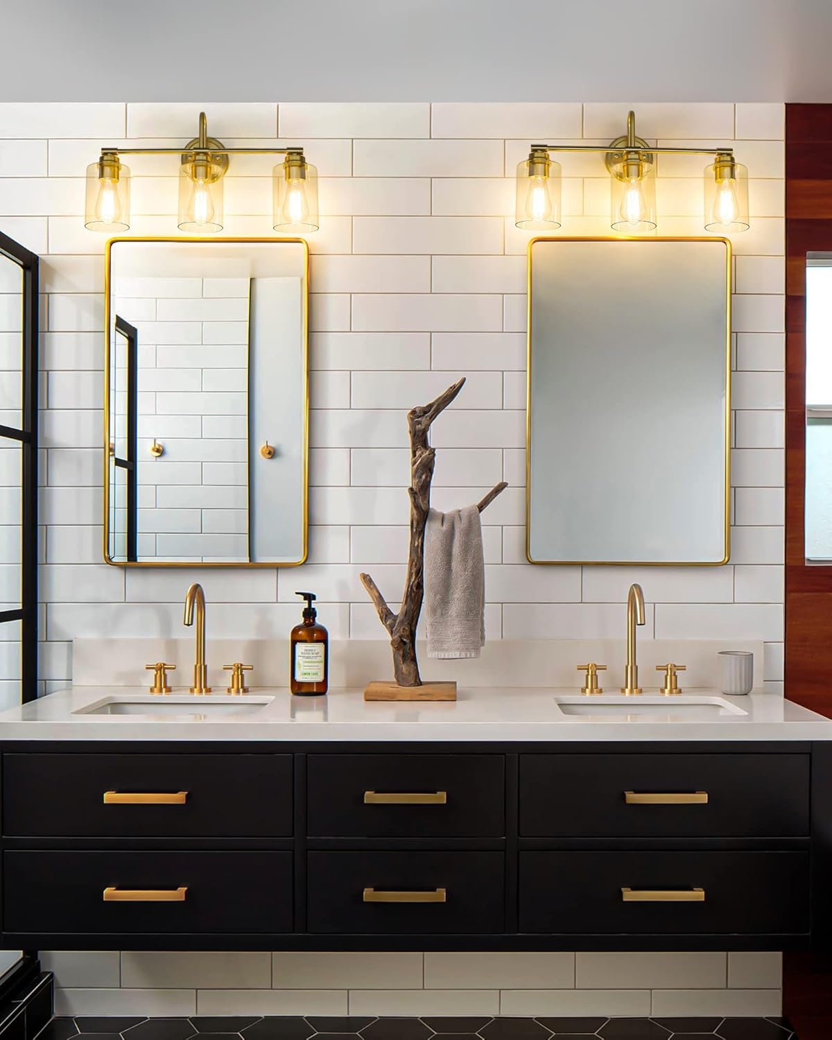 AKEZON Gold Bathroom Light Fixtures, 3-Light Vanity Light Over Mirror Lighting with Cylinder Glass Shade, KW-7306-3