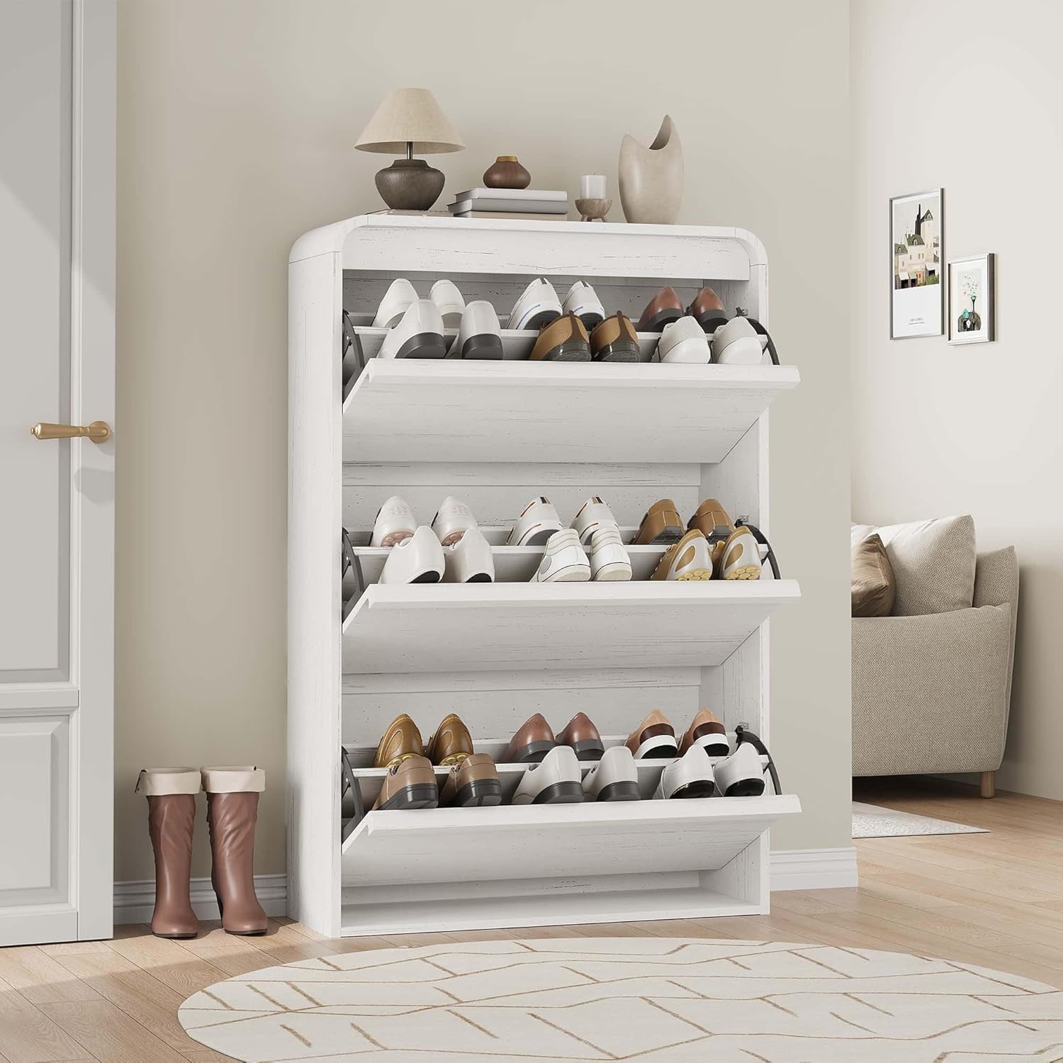 Shoe Cabinet with 3 Flip Drawers, Wooden Shoe Cabinet with Adjustable Shelf & Curved Profile Design, Hidden Shoe Cabinet for Entryway, Hallway, Living Room, Natural
