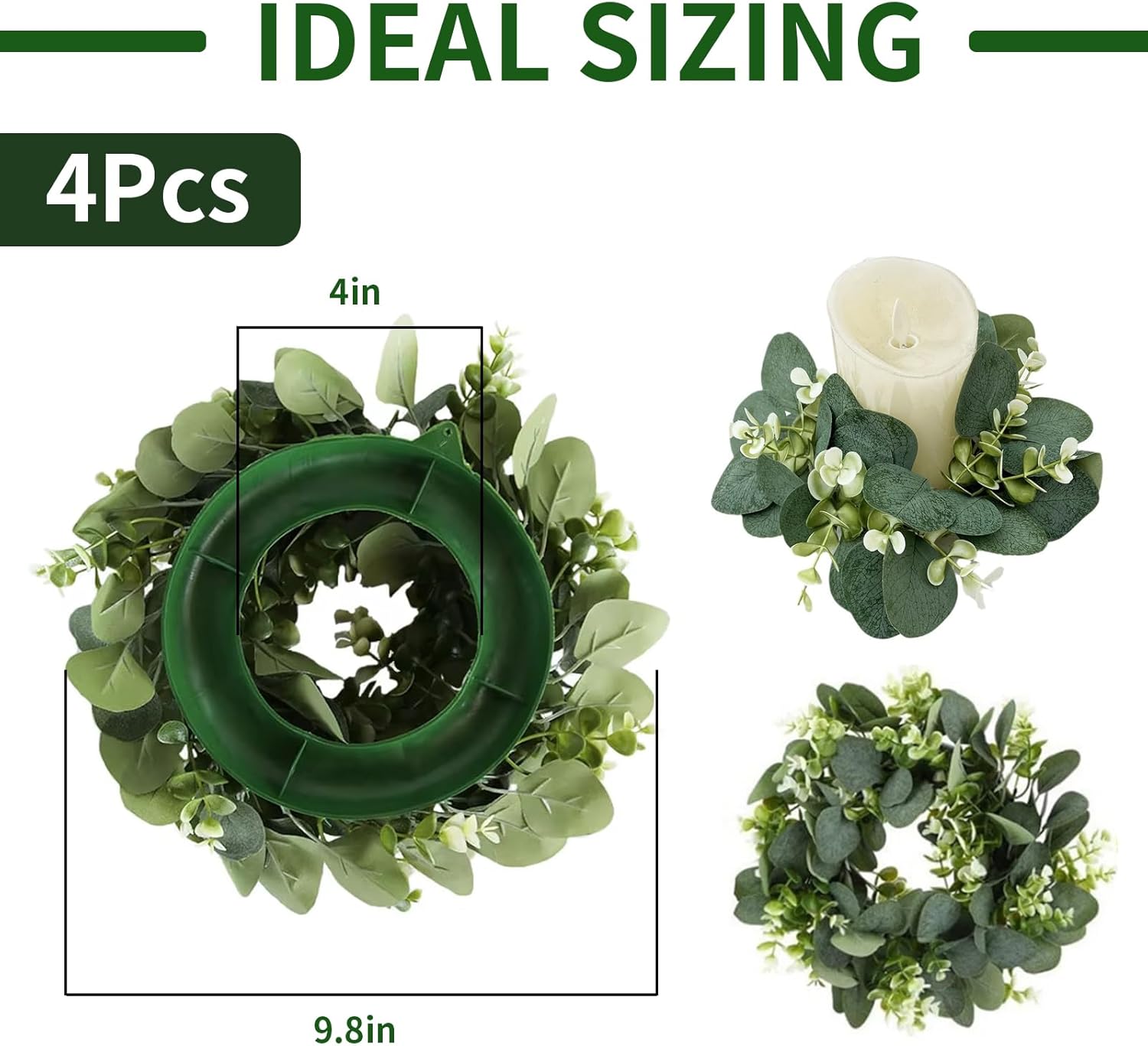 eucalyptus wreath realistic durable greenery candle wreaths 10 inch center mini artificial candle rings for table candle holder kitchen cabinets christmas decorations(4pcs)