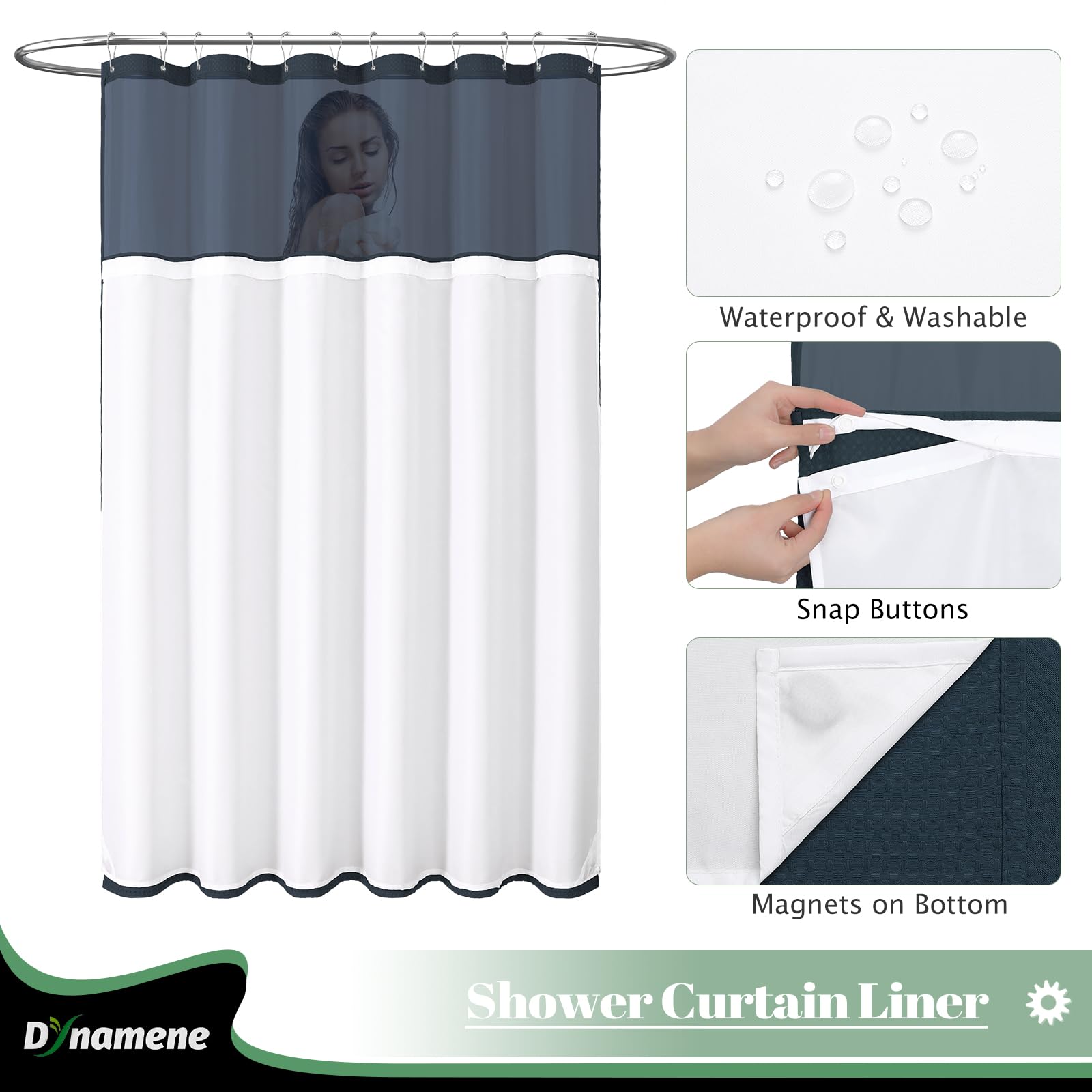 Dynamene Cortina de ducha de tela con forro a presión, cortinas de ducha de hotel para baño, lavable, impermeable, con ganchos de plástico, ventana superior de malla, 72 x 72 pulgadas