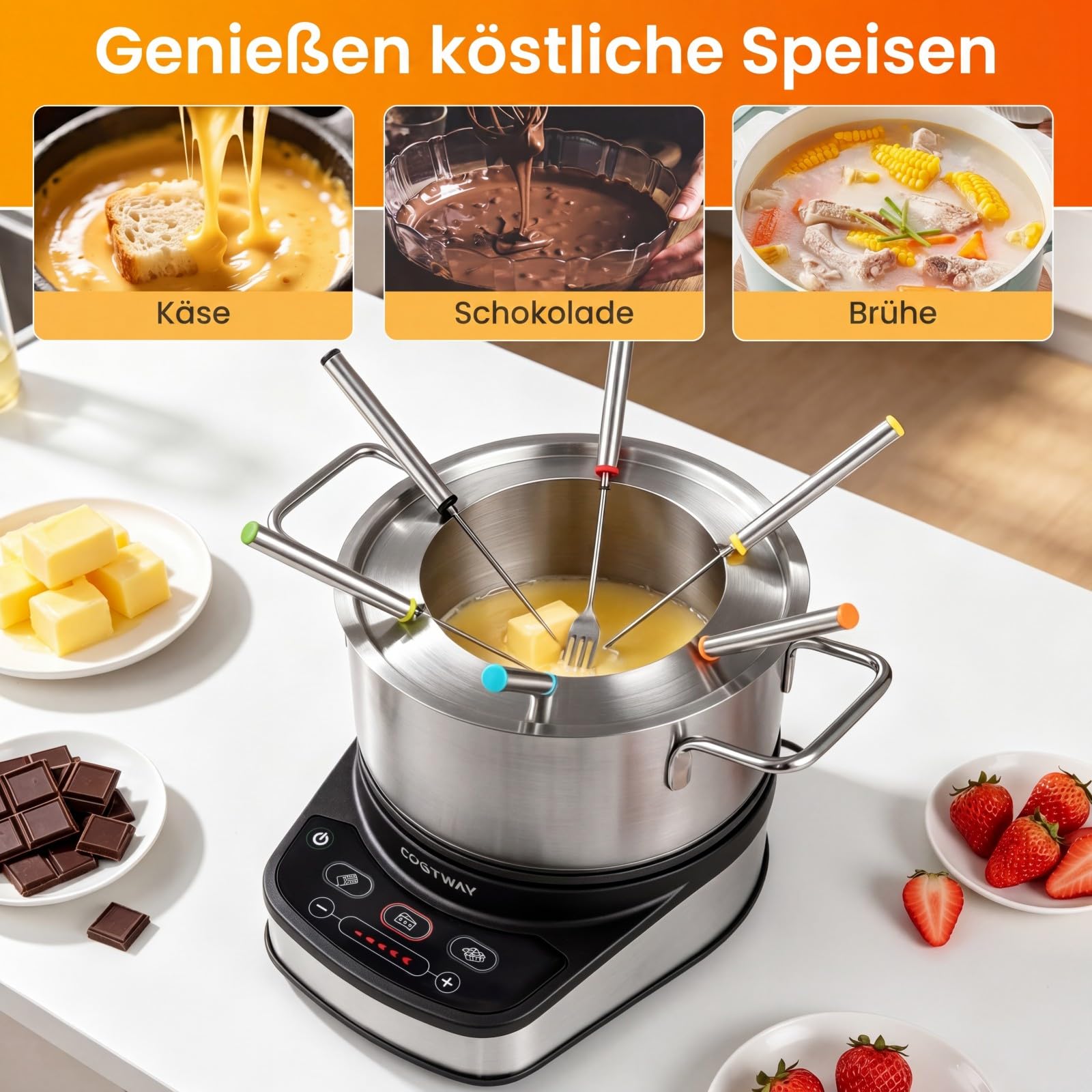 COSTWAY Elektryczny zestaw do fondue, 1200 W, ze zdejmowanym garnkiem ze stali nierdzewnej 3 l, 6 widelców oznaczonych kolorami i regulacją temperatury, nadaje się do mycia w zmywarce, do sera