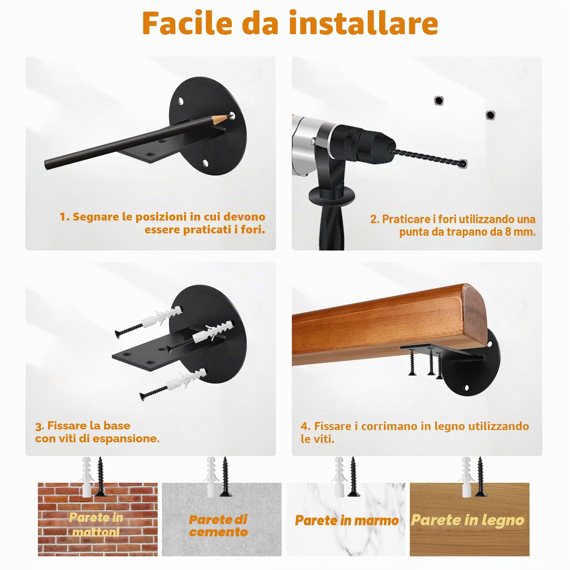 60cm Corrimano Legno per Scale Interne, Ringhiera A Muro Per Anziani, Passamano Moderno Capacità di Carico 180KG, Maniglie Antiscivolo Supporto di Sicurezza per Casa, Corridoio, Soppalchi, Terrazze