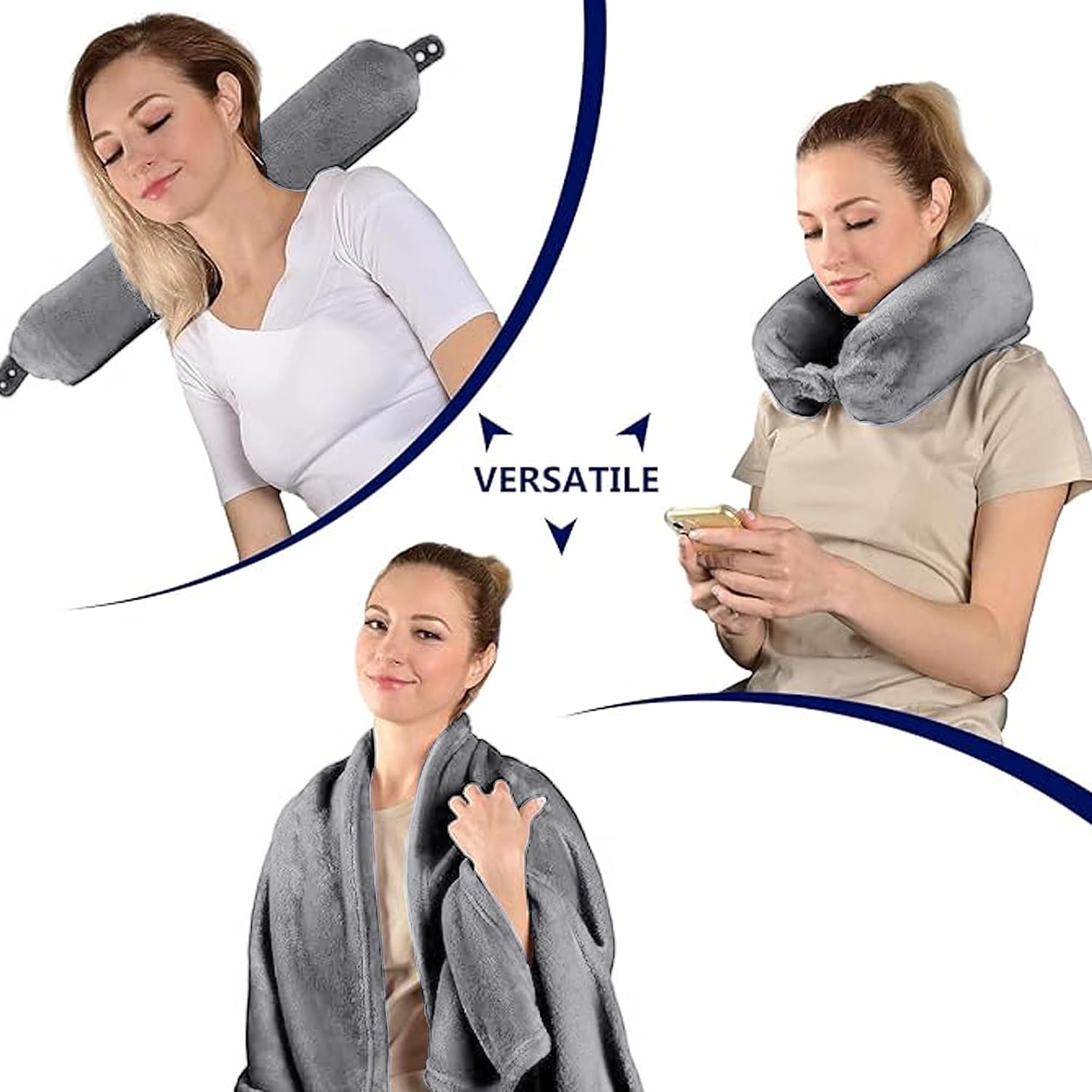 2 in 1 Neck Pillow with Blanket, Soft Flannel Multi-Functional Travel Combo, Portable Warm Neck Pillow Set for Airplane, Car and Camping Travel,Grey