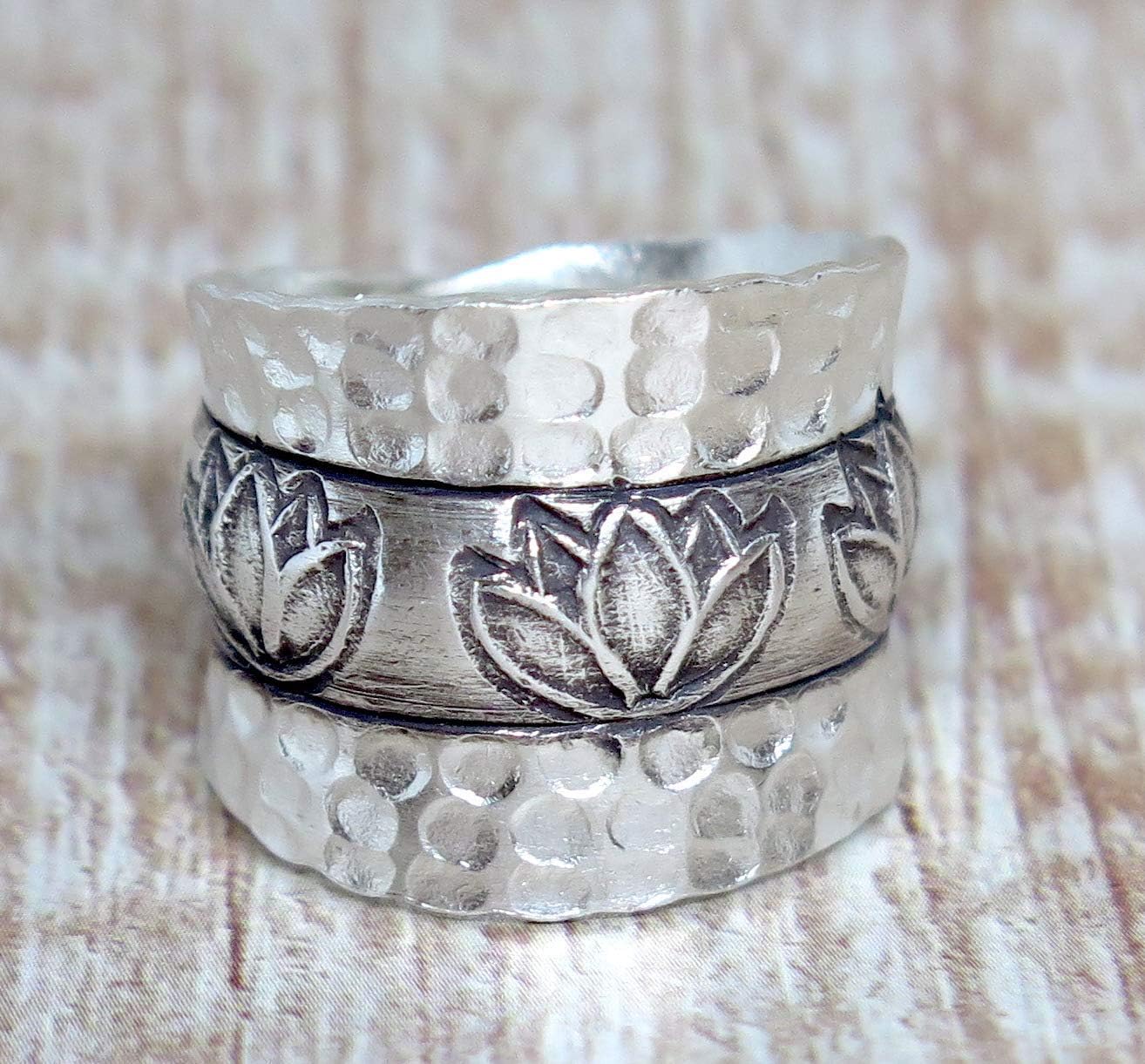 Handmade Hammered Sterling Silver Wide Band Lotus Ring, Lotus Flower Zen Buddhist Yoga Adjustable to US Size 6-11 Wrap Band, Semi Shiny, Gift for Her - Image 9