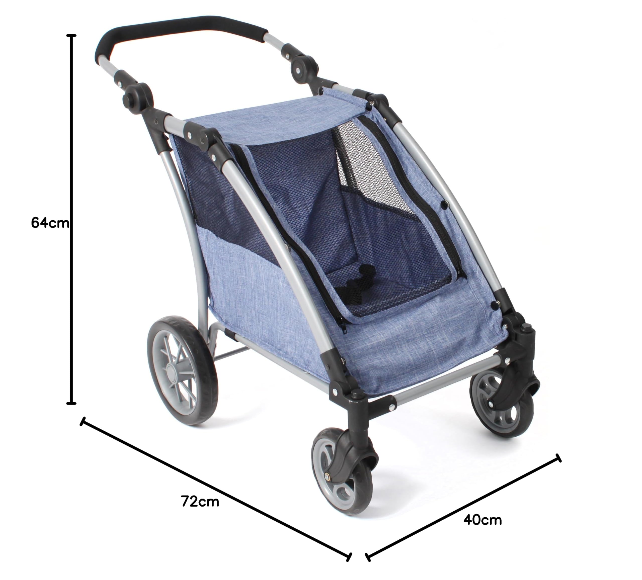 Bayer Chic 2000 Roadster | Zwillings-Puppenwagen Jeans Blue | Verstellbar, 72 x 40 x 64 cm | Sportlicher Puppentrailer für 2 Puppen (bis 46 cm). Höhenverstellbarer Schieber (33–71 cm). Jeans Blue. Robust & Chic.