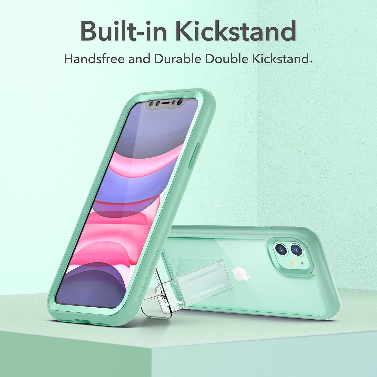 YOUMAKER [2021 Upgraded iPhone 11 Case, with Kickstand Built-in Screen Protector Full Body Rugged Heavy Duty Protection Shockproof Clear Case Designed for iPhone 11 6.1 Inch - Green