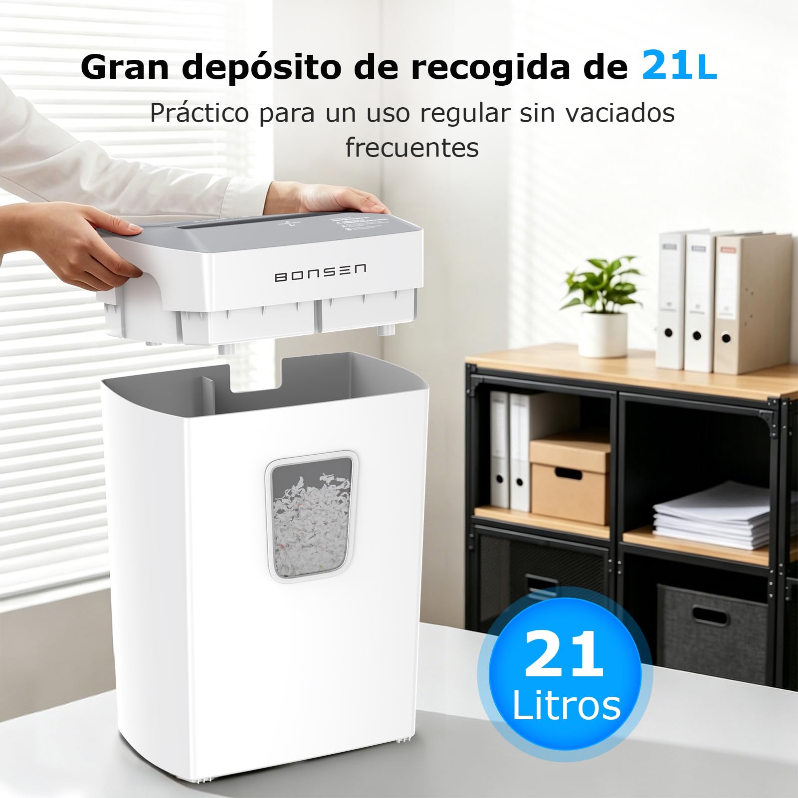 BONSEN Destructora de Papel Microcorte 12 Hojas, Silenciosa 60dB, S5211-W | Depósito 21L, Nivel de Seguridad P-4, Trituradora de Documentos para Hogar y Oficina, Tarjetas de Crédito, Grapas y Clips