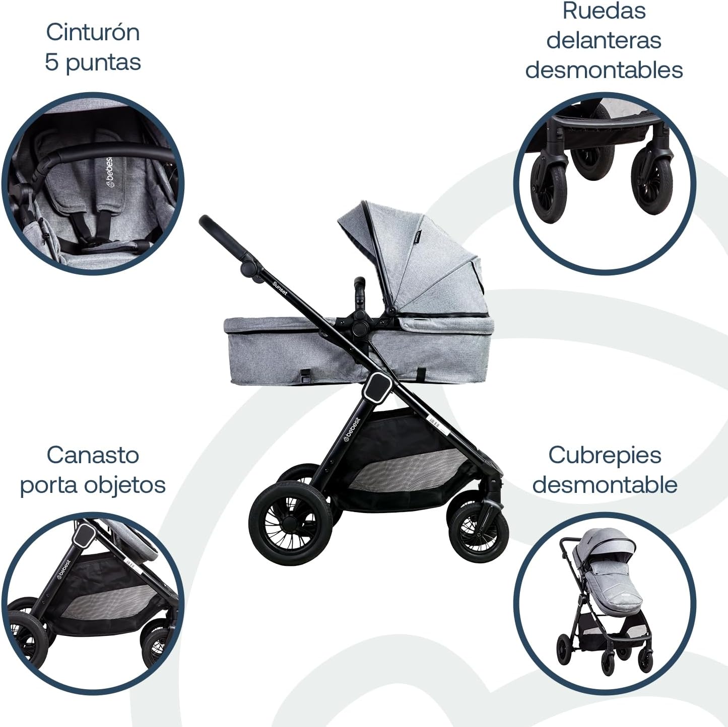Bebesit Coche Travel System Sunset features including 5-point harness, removable front wheels, storage basket, and removable foot cover.