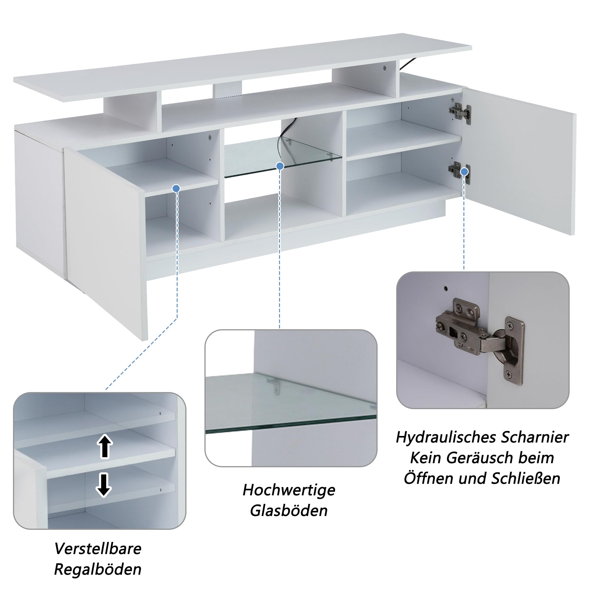 LAKFEW TV Schrank mit LED Leuchten, Lowboard Fernsehschrank mit 2 Türen und Glasfächer, TV Ständer Fernsehtisch Möbel bis zu 60 Zoll, Sideboard Wohnzimmer für Schlafzimmer, 140x35x55 cm, Weiß