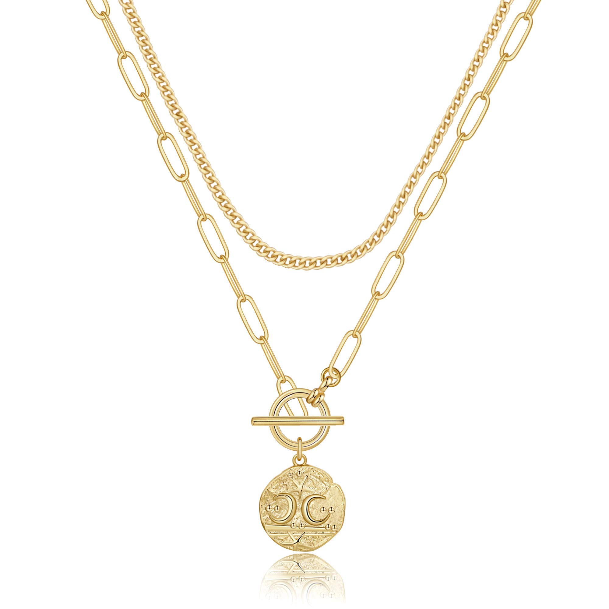 YoosteelGold Layered Necklaces for Women, 14K Gold Plated Vintage Evil Eye Queen Elizabeth Bee Sun and Moon Medallion Necklace Retro Choker Chain Link Necklace Gold Layered Necklaces for Women Jewelry