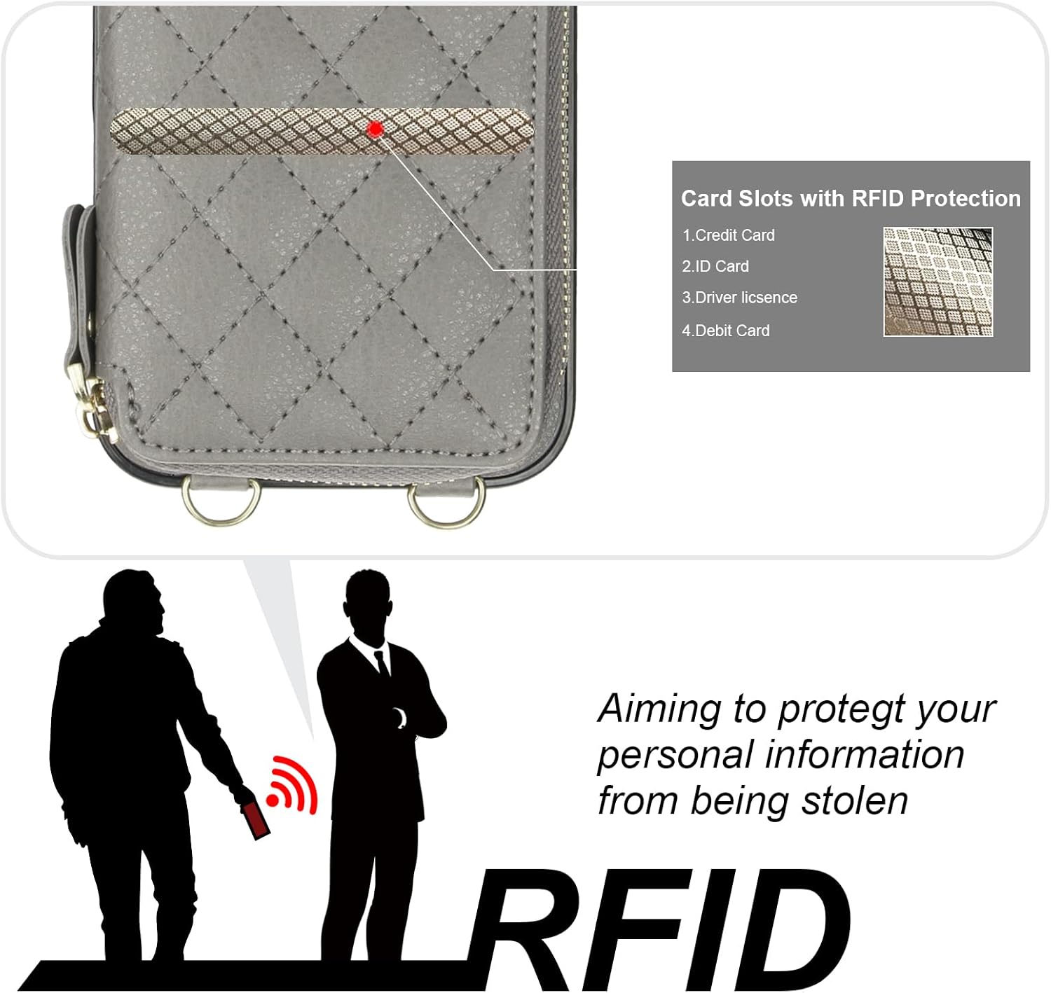 Bocasal Crossbody Wallet Case for iPhone 16 Plus, RFID Blocking PU Leather Zipper Handbag Purse Flip Cover, Kickstand Folio Case with Card Slots Holder Wrist Strap Lanyard 5G 6.7 Inch (Grey)