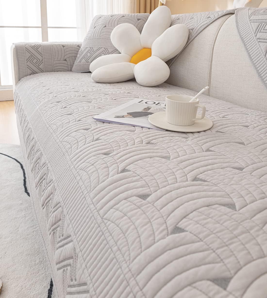 Farmhouse Cotton Quilted Sofa Cover Weave Pattern Embroidery Sectional Couch Cover Soft Nonslip Sofa Slipcover Furniture Protector Cover for Pets Kids Children Dog Cat (Light Gray,36"x70")