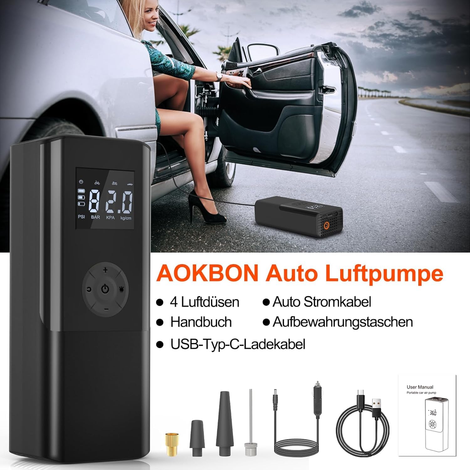 Luftpumpe 150PSI Elektrische Fahrradpumpe Mini Kompressor 12V EasyPump Mit Alle Ventile Autostop Funktion LCD LED Reifenfüller Tragbarer Luftkompressor über USB-C wiederaufladbar Als Powerbank