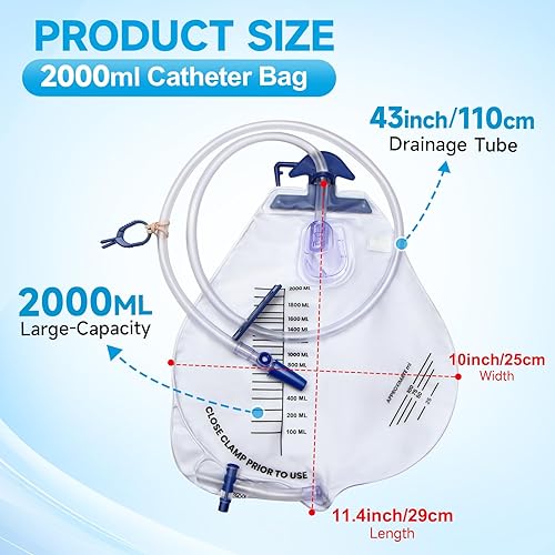 Miniatura 2 de Bolsas de drenaje urinario 2000ML con 6 piezas, bolsas de catéter con válvula antirreflujo, bolsas de orina con tubo de drenaje, clip y gancho para