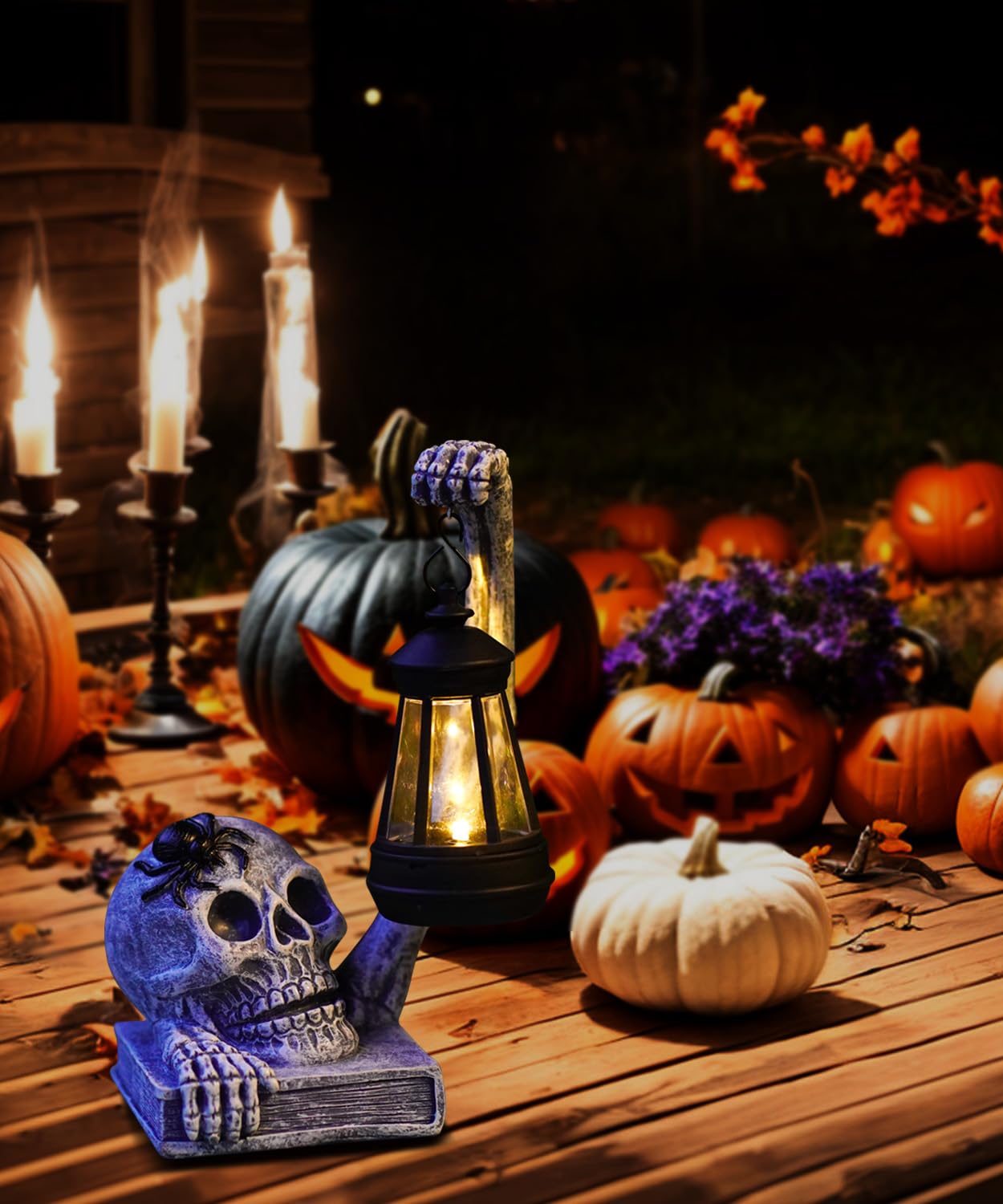 Yeomoo Totenkopf Mit Solarlampen - Halloween Deko für Outdoor Innen, Schädel Solar Figuren, Horror Geschenke für Frauen Männer, Skull Deko für Garten, Balkon, Tisch, Wohnzimmer - Grau