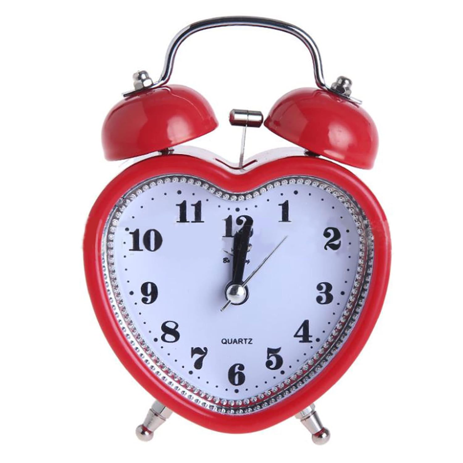 3in Loud Twin Bell Alarm Clock Silent Analog Quartz Nightlight Clock Heart Shape Red