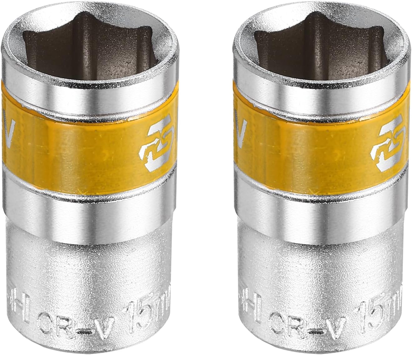 HARFINGTON 2pcs 1/2" Drive 6 Points Socket 15mm Metric Shallow Impact Socket CR-V Steel Flip Socket Spindle Axle Nut Impact Socket for Home Auto Hex Nuts Bolts Repair, Silver Yellow