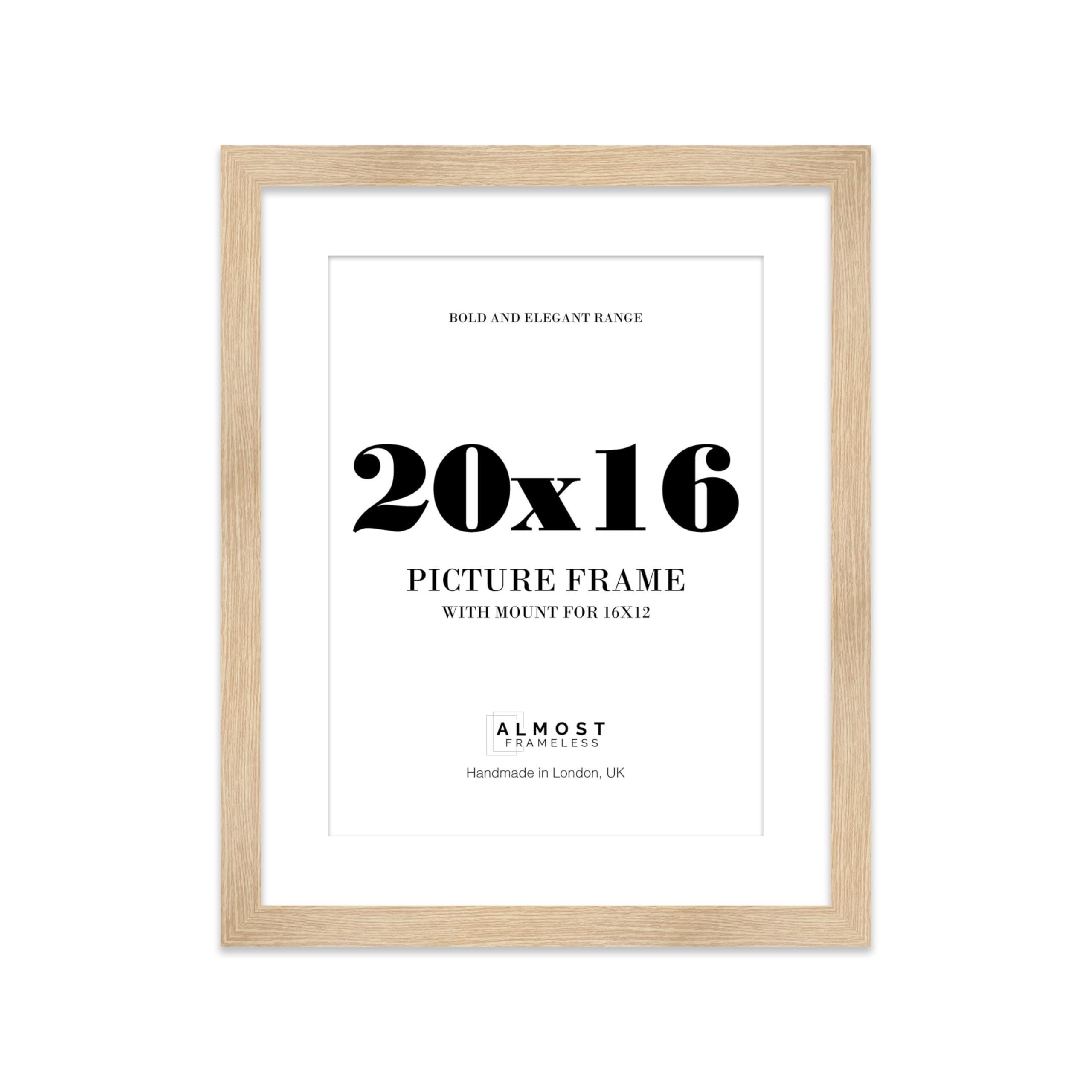 20x16 Oak Frame With Mount for 16x12 Pictures 28mm Edge Portrait and Landscape Display with Wall Hooks, 1 Pack