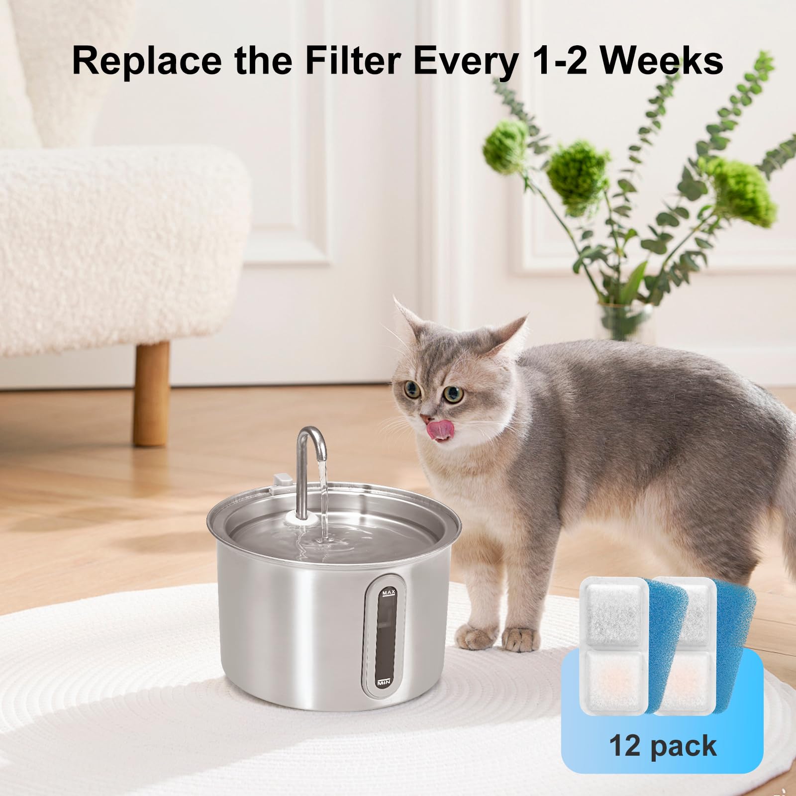Filtros de fuente de agua para gatos de repuesto compatibles con fuente de agua para gatos, filtros de fuente para gatos para filtros de fuente de acero inoxidable de 2 L (paquete de 12)