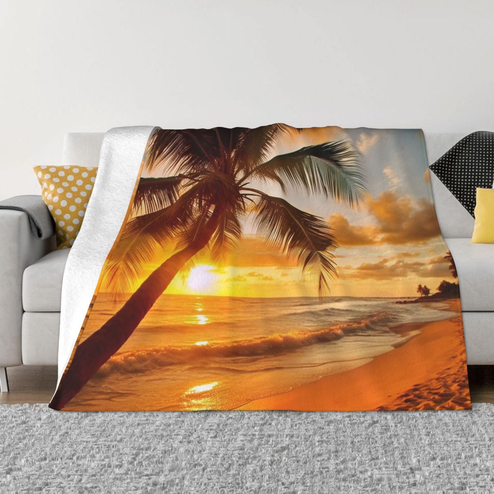 Couverture et jeté de lit micro-polaire 127x101 cm motif palmier exotique et coucher de soleil