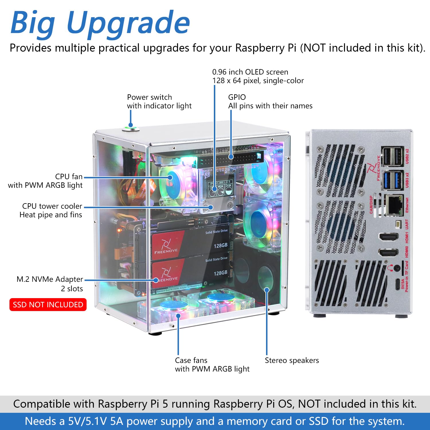 Freenove Raspberry Pi 5 Case Kit Pro, Dual M.2 NVMe SSD Slots, 5 PWM ARGB Fans Light Sync, CPU Tower Cooler, 0.96" OLED Screen, Stereo Speakers, 3.5 mm Audio (SSD NOT Included)