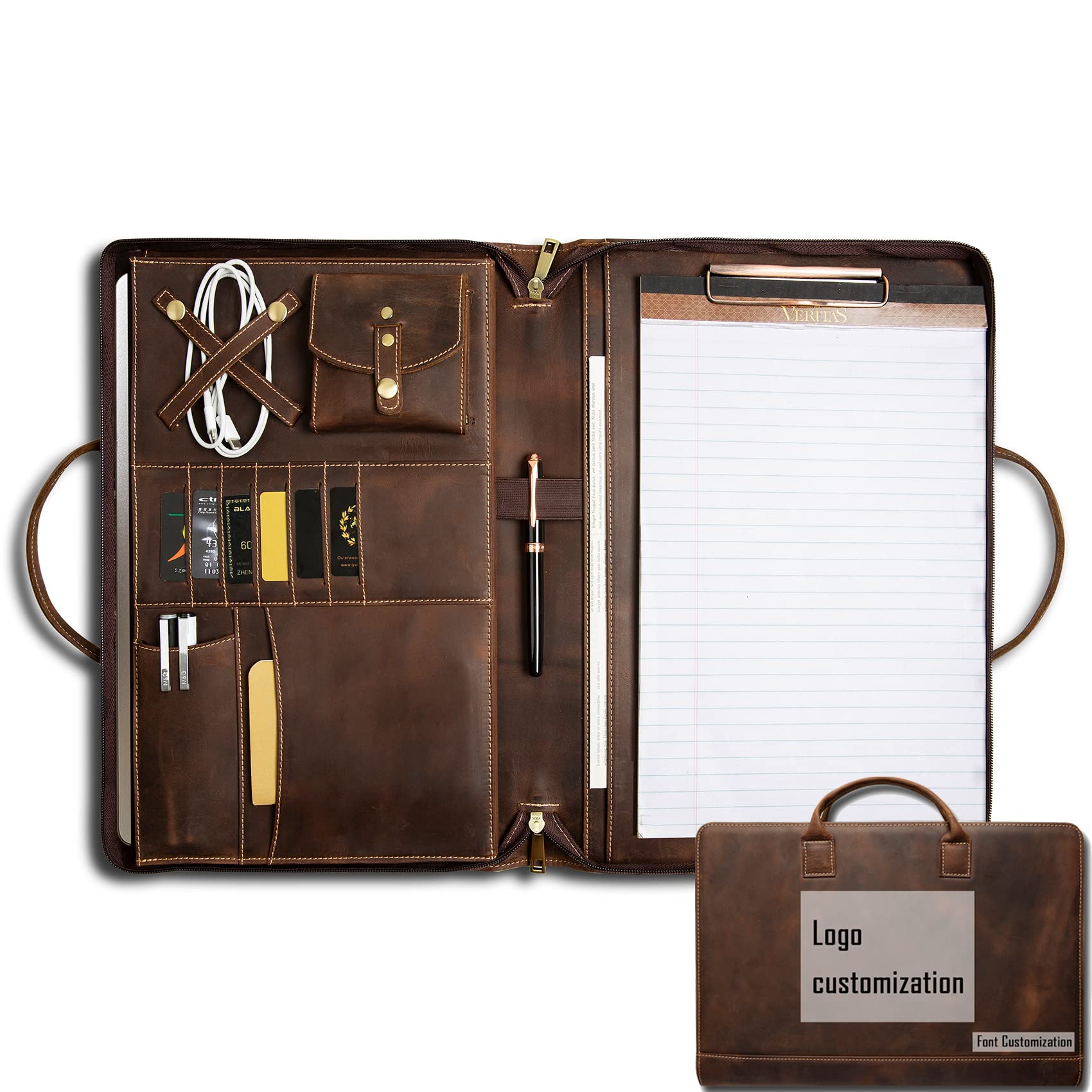 GZRHKJ Genuine Leather Portfolio, Padfolio Organizer with Handle, Personalized Padfolios，Padfolios with Zipper for Men Women，Suitable for 15-inch