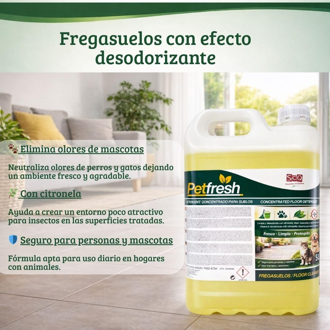Fregasuelos Mascotas Detergente Elimina olores con Citronela | Concentrado | Poco Agradable para Mosquitos e Insectos | Aroma Fresco | Elimina Olores de Perros y Gatos (1L) (5l)