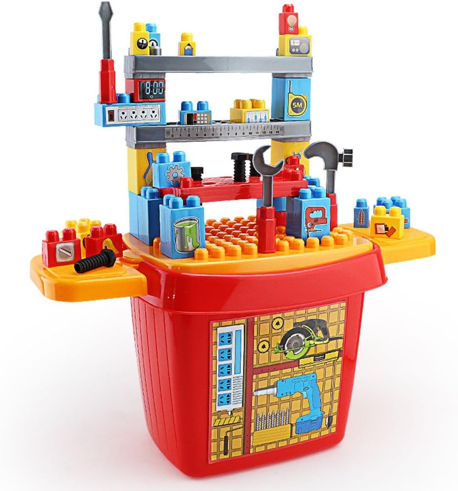 Color Kids Workshop Deluxe Simulation DIY Repair Disassemble Tool Set Role Kits Pretend Play Toys Plastic Portable Playset with Working Desk Red, X-Small