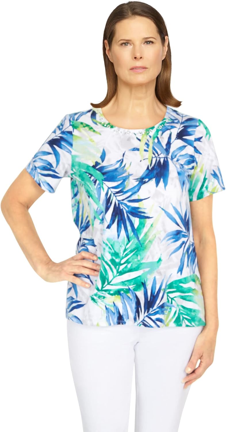 Alfred Dunner Women's Palm Print Short Sleeve Top