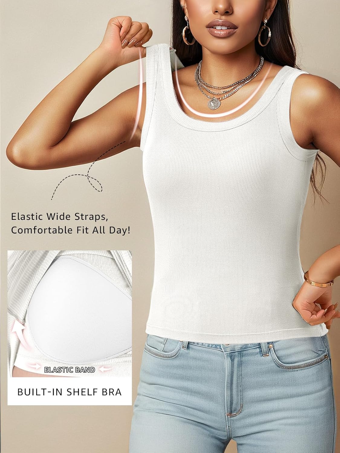 Ninee Tank Top for Women with Built in Bra Ribbed Fitted Tanks Summer Scoop Neck Casual Camisoles Basic Cami - Image 4