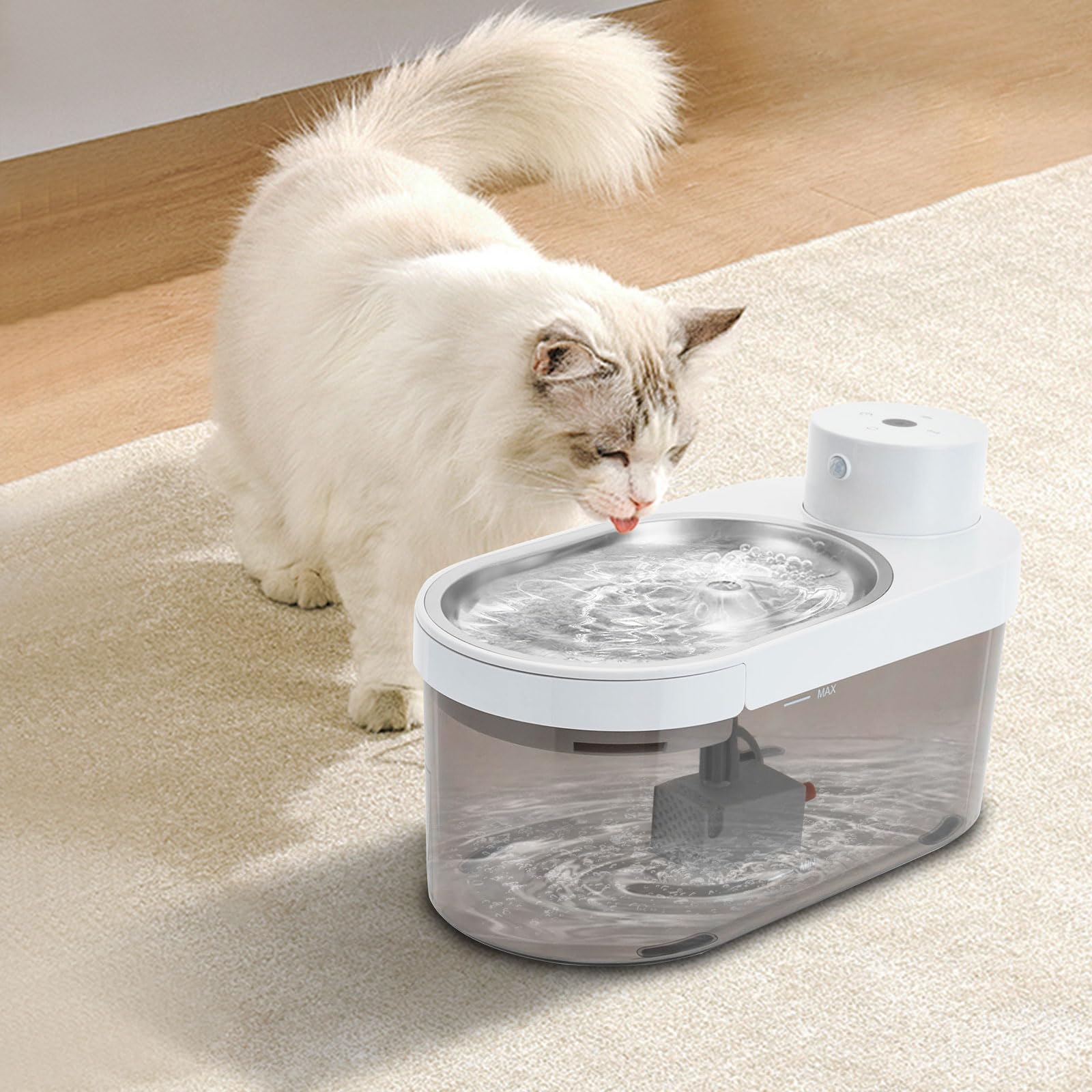 Induction Mode Cat Water Fountain, Cordless Low Noise Pet Water Fountain, 4L/1.06gal Timing Mode Cat Water Bowl,Clear Bucket with Water Level Line Cat Drinking Fountain