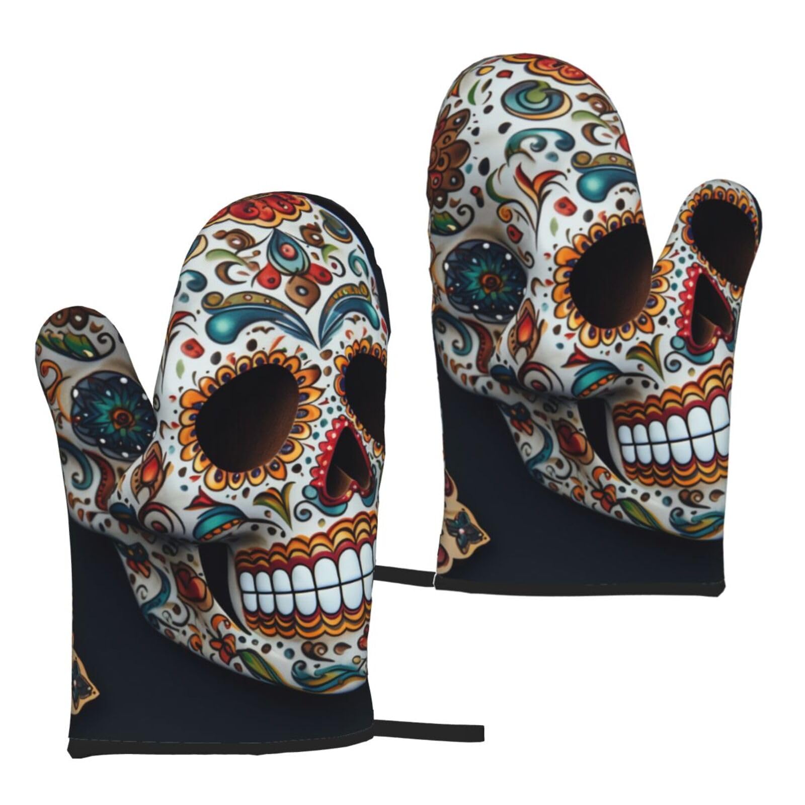 Mexican Skull Printed Oven Mitts Sets 2 PCS Heat Resistant and Non-Slip Glove Potholder for Kitchen Cooking Baking Grilling