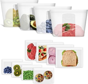 Bundle of 4 Pack 100% Silicone Reusable Food Storage Bags 33.8oz Translucent + 8 Pack 100% Silicone Reusable Sandwich Bags & Snack Bags