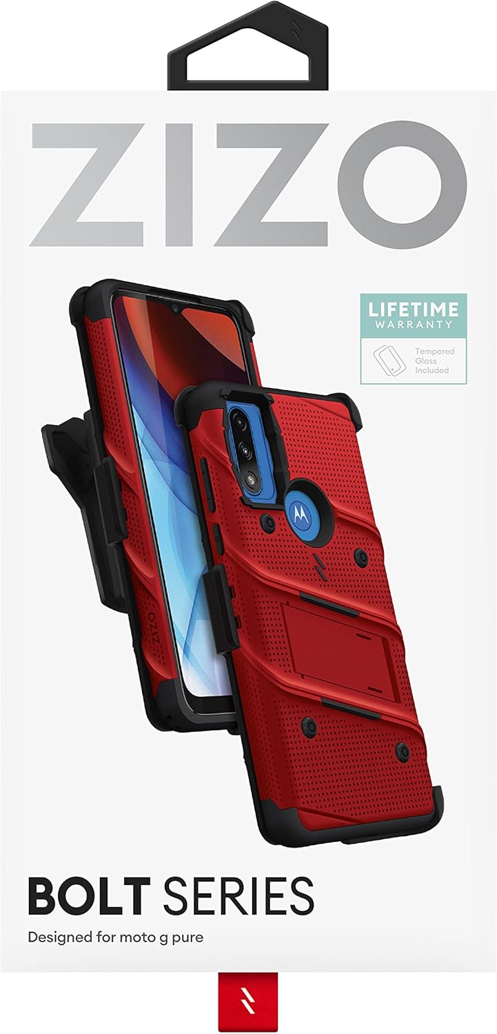 ZIZO Bolt Bundle for Moto G Pure Case with Screen Protector Kickstand Holster Lanyard - Red & Black
