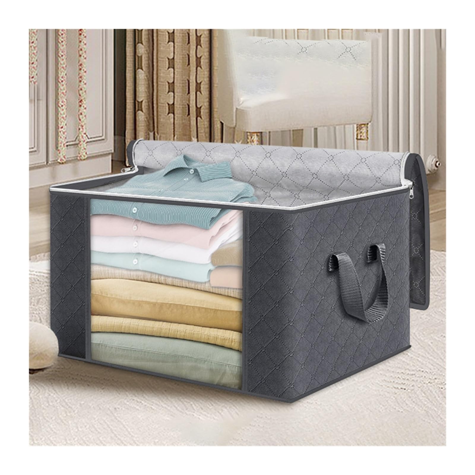 Faltbare Kleider-Organizer-Taschen, klares Fenster, stabiler Griff | Aufbewahrungsset for Kleiderschrank/Wohnheim, for Kissen, Bettwäsche, Kleidung und Decken.(Gray 35L-3Pcs)