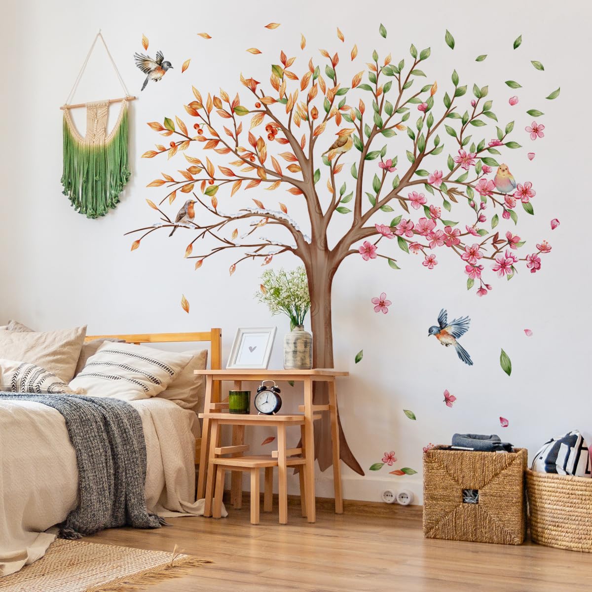 Runtoo Large Tree Wall Decals Peel and Stick 4 Seasons Leaves Bird Wall Art Stickers for Nursery Classroom Living Room Bedroom Decor