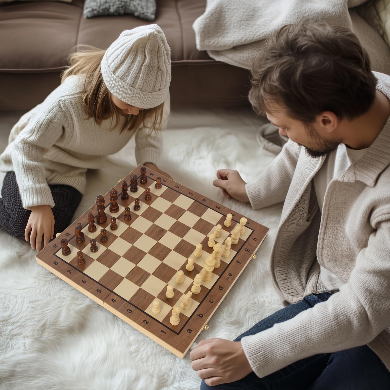 WOODENFUN Schachspiel Magnetische Holz für Erwachsene und Kinder Faltbares Schachbrett 40x40cm Tragbares Schachspiel Nuss- und Kiefernholz(Braun Große Faltung)