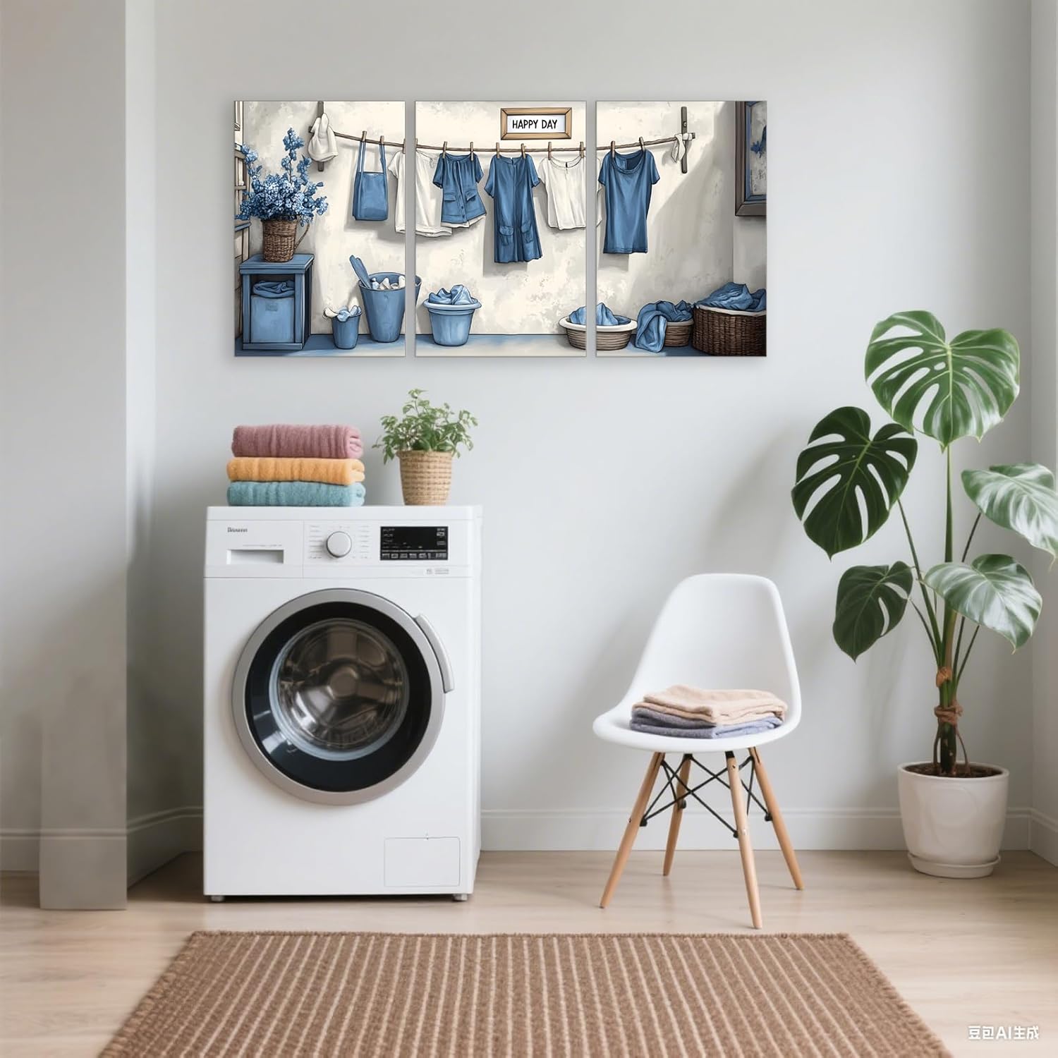 BAOYILONG Laundry Room Wall Art Canvas-3 Panel Blue and White Laundry Picture Paintings for Farmhouse Bathroom Decor Frame (WE58, 16W x24H x3pcs, Framed)