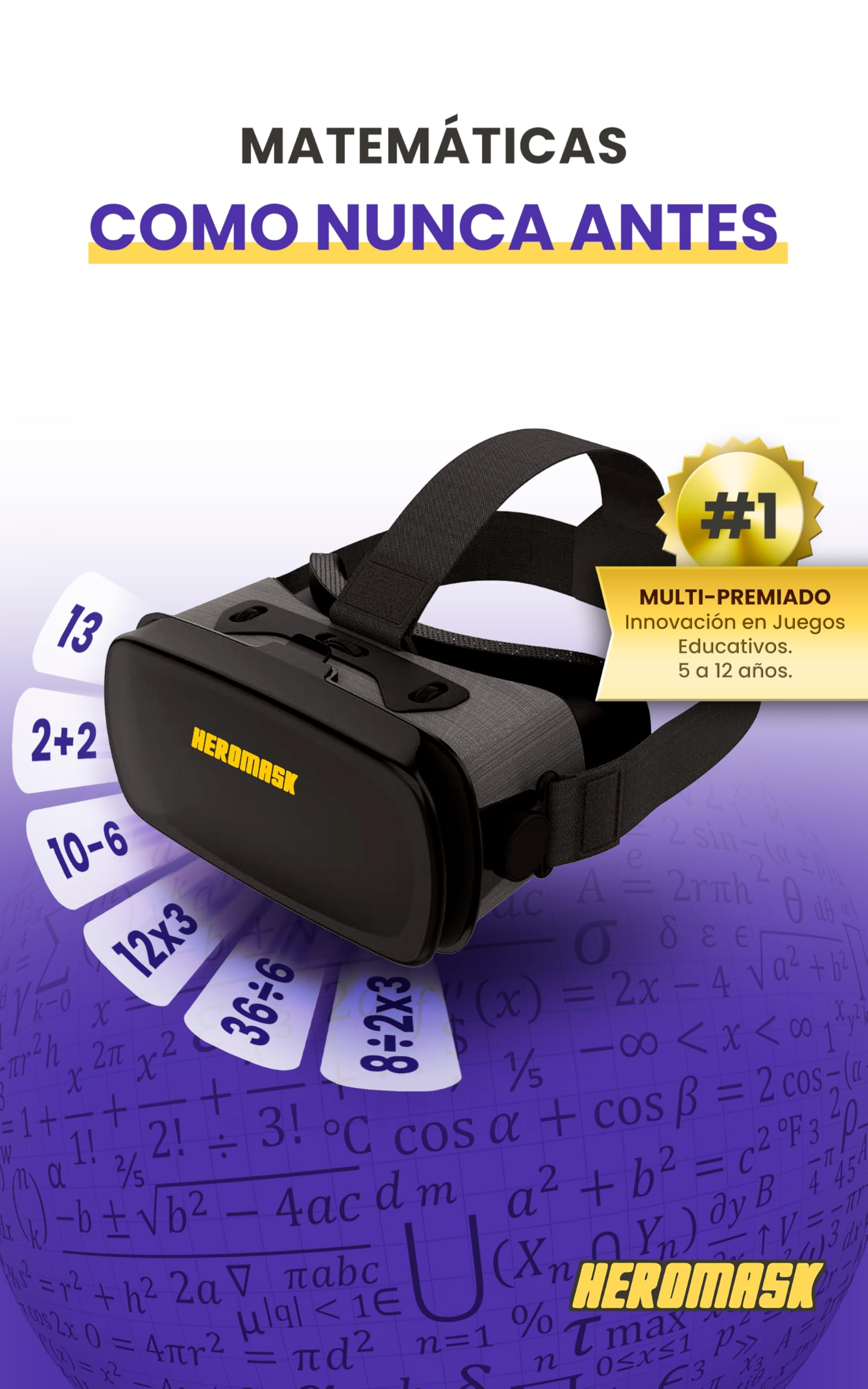 Gafas VR HeroMask + Juegos Matemáticas 5-12 años — El Regalo Educativo Que Hace Que los niños pidan: ¿5 Minutos más? | Tablas de Multiplicar, Sumas, Cálculo Mental y Mucho más | 3D, Realidad Virtual - 5