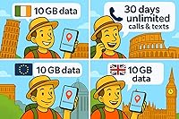 Vista 1 de Nueva tarjeta SIM prepago para Europa (Reino Unido) 10 GB Datos ilimitados Minutos/Textos para 30 días con itinerancia/uso gratuito en 71 destinos