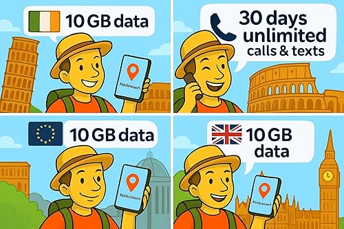 Nueva tarjeta SIM prepago para Europa (Reino Unido) 10 GB Datos ilimitados Minutos/Textos para 30 días con itinerancia/uso gratuito en 71 destinos