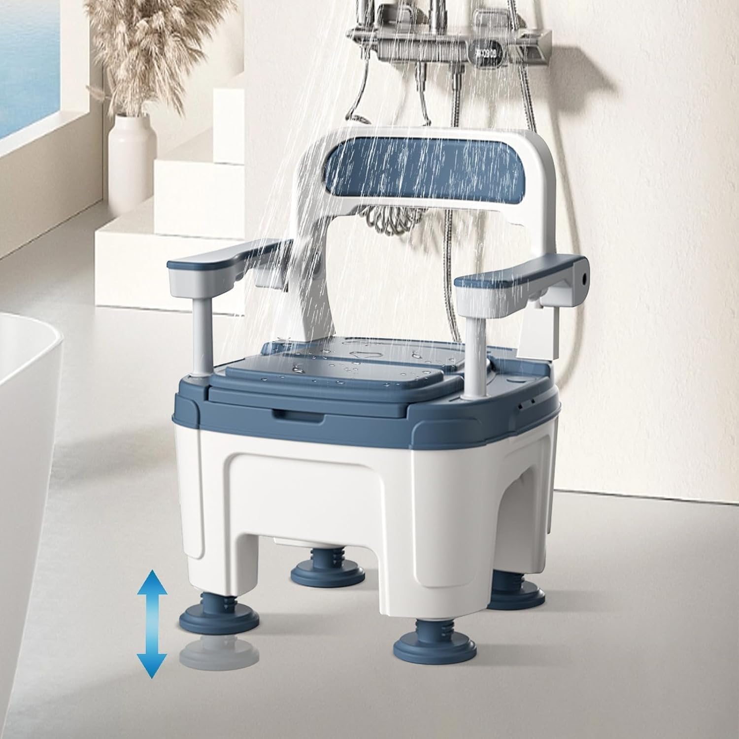 Commode Krzesło toaletowe, komoda nocna z regulowaną wysokością, z wyściełanym siedziskiem i podłokietnikami, łatwy montaż, nośność do 345 kg, przenośny, do użytku domowego