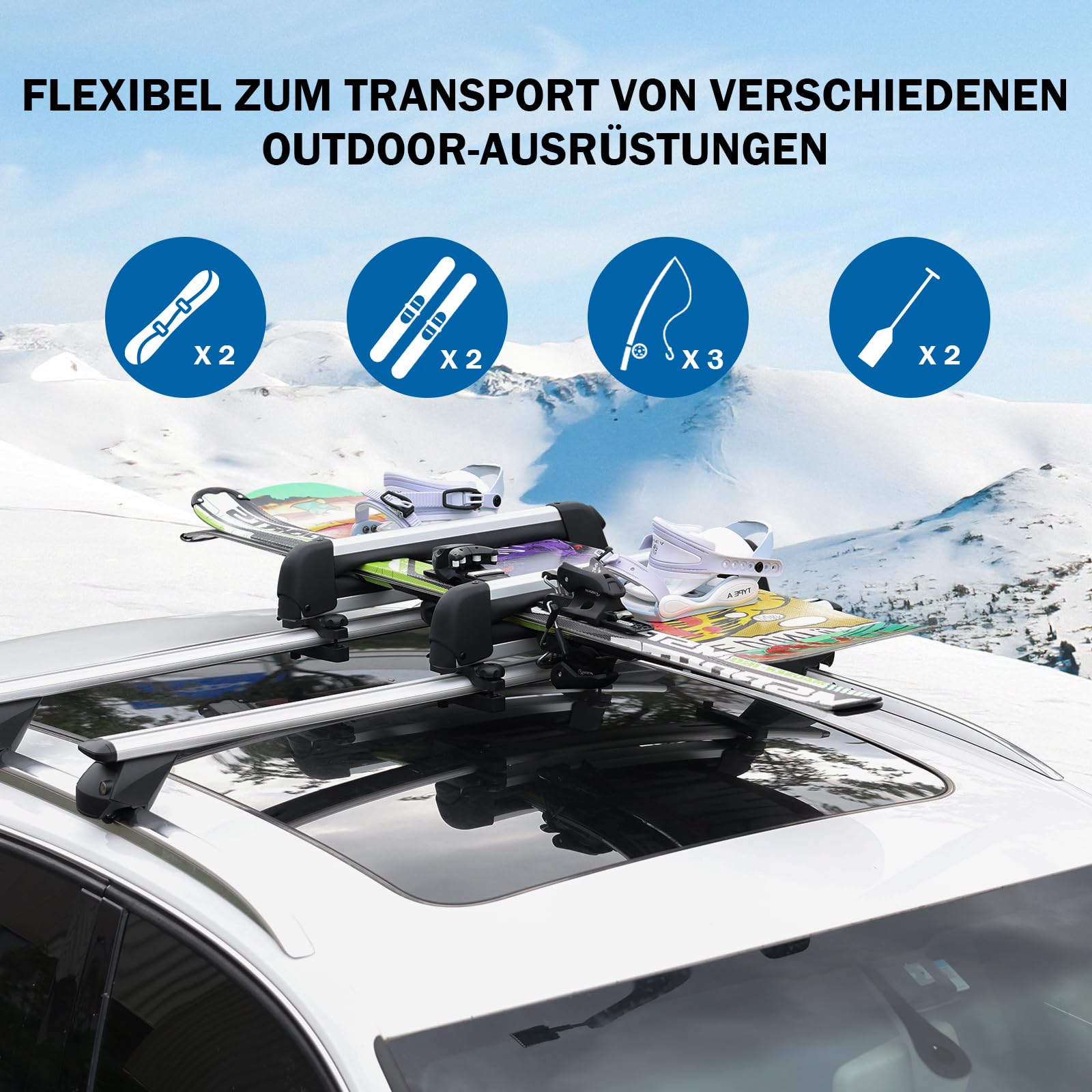 COWVIE Skidachträger fürs Auto, mit TPV-Gummipolsterung und Schloss – für 2 Paar Skier oder Snowboards, inkl. Angelrutenhalter (Silber, 41CM)