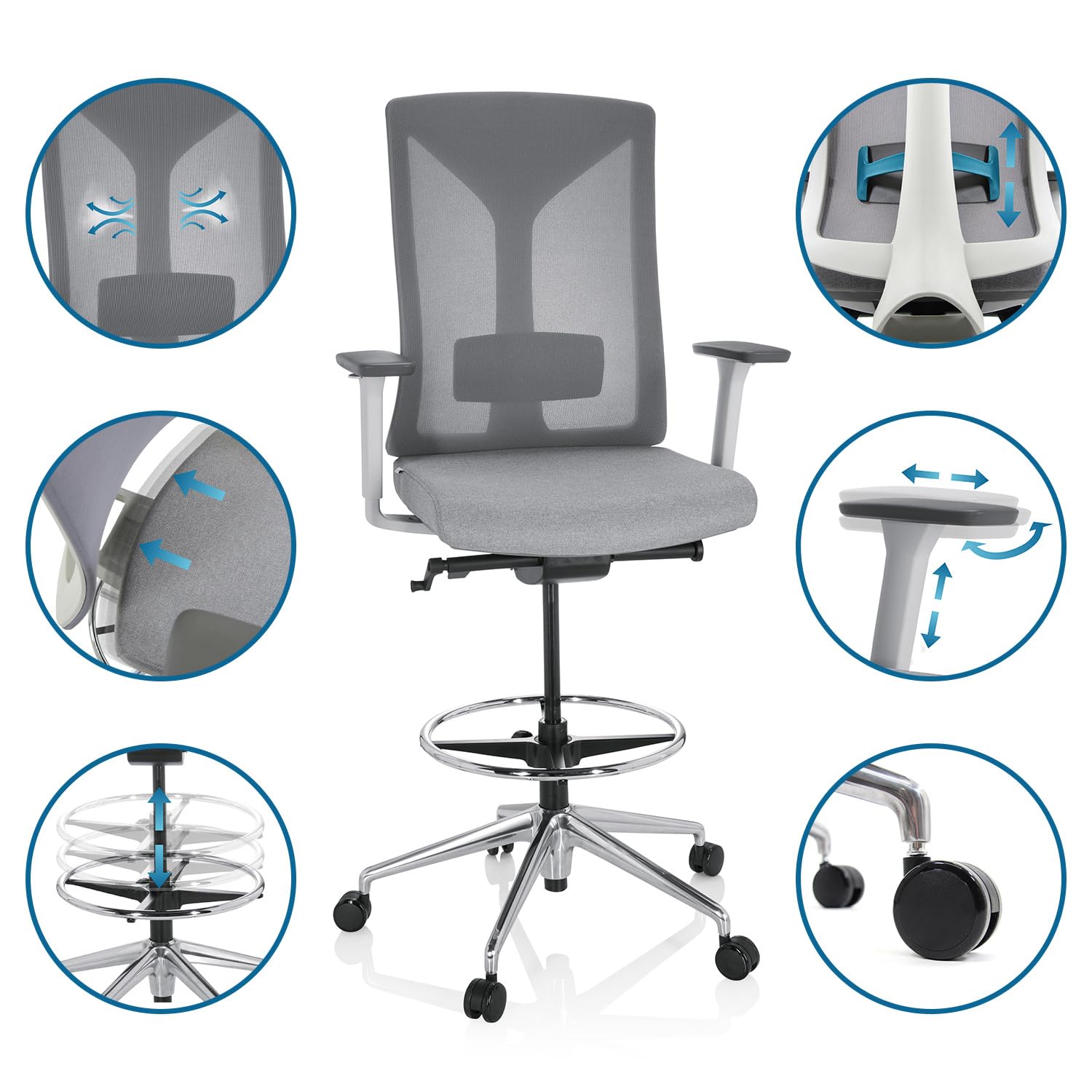 HJH Office 751010 Sedia da ufficio alta HALIFAX WORK tessuto/mesh grigio Sedia da lavoro con rotelle, regolabile in altezza, profondità di seduta regolabile