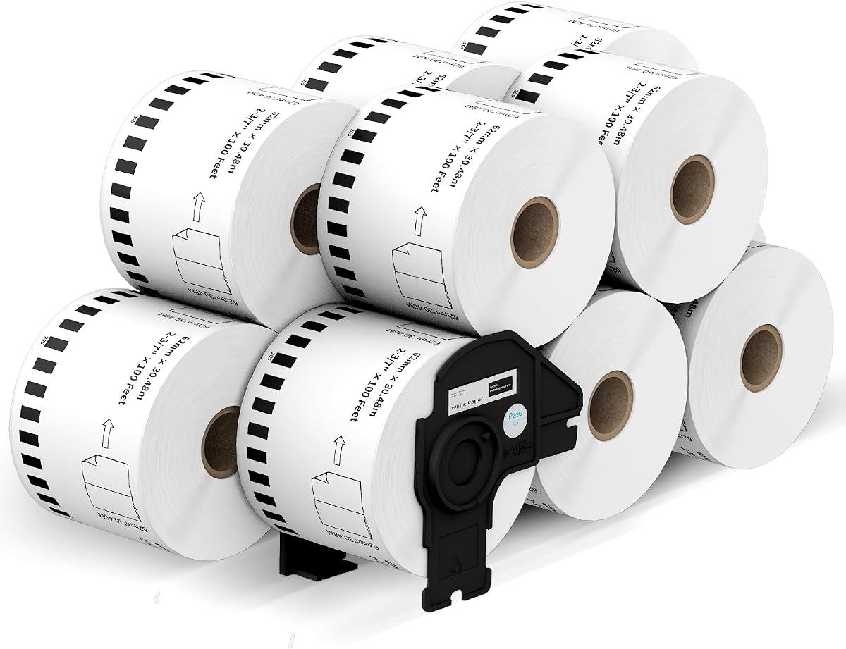 12 Rolls Compatible Brother DK2205 2.4"x100 ft Continuous Labels | Fit for Brother QL Printers, Included Detachable Frame, Cut-to-Length Label, 3-Proof & Strong Adhesive, Jam-Free & Easy Peel